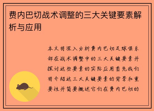费内巴切战术调整的三大关键要素解析与应用 费内巴切战术调整的三大关键要素解析与应用