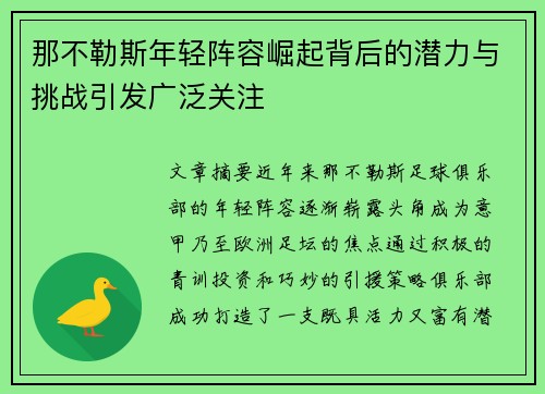 那不勒斯年轻阵容崛起背后的潜力与挑战引发广泛关注