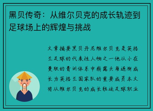 黑贝传奇：从维尔贝克的成长轨迹到足球场上的辉煌与挑战